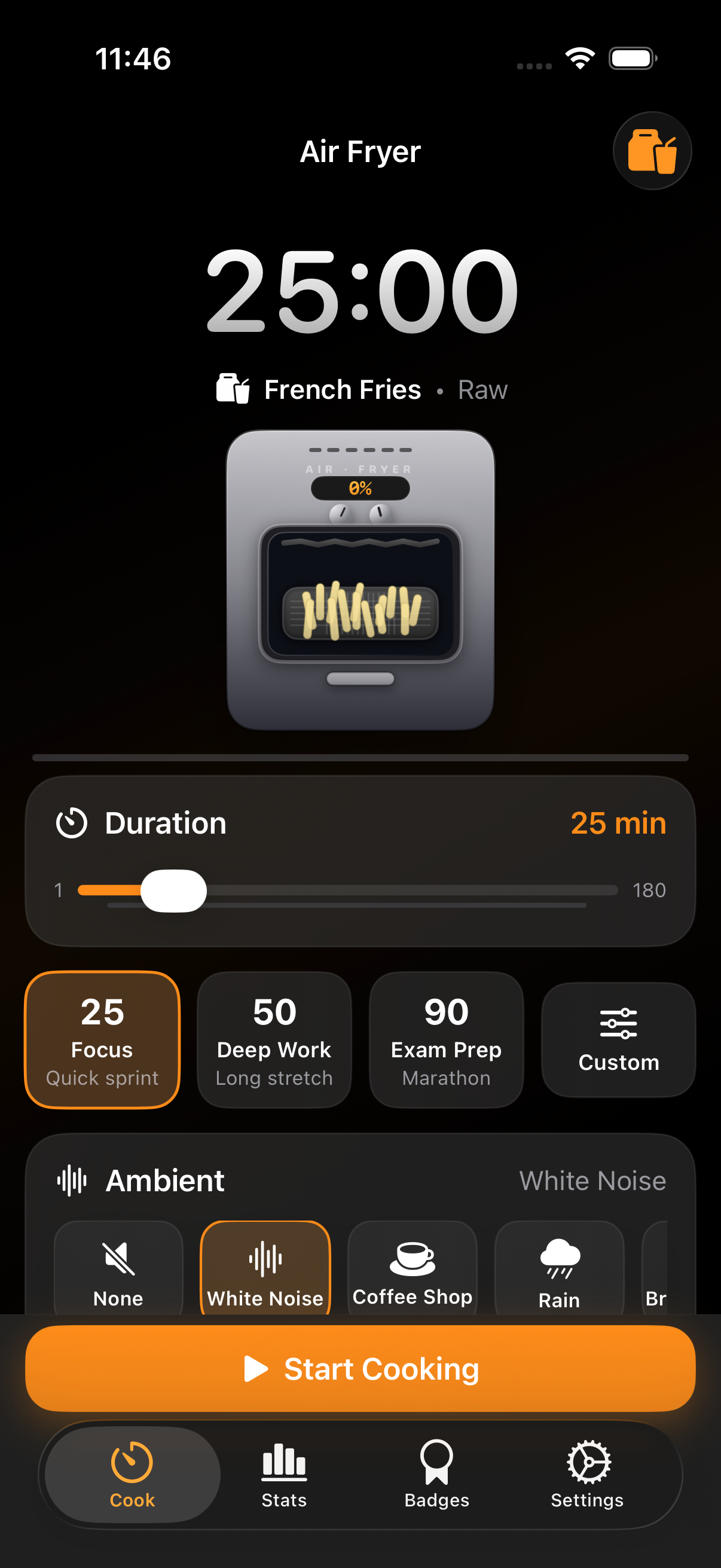 Air Fryer Timer home screen — duration slider, presets, ambient picker
