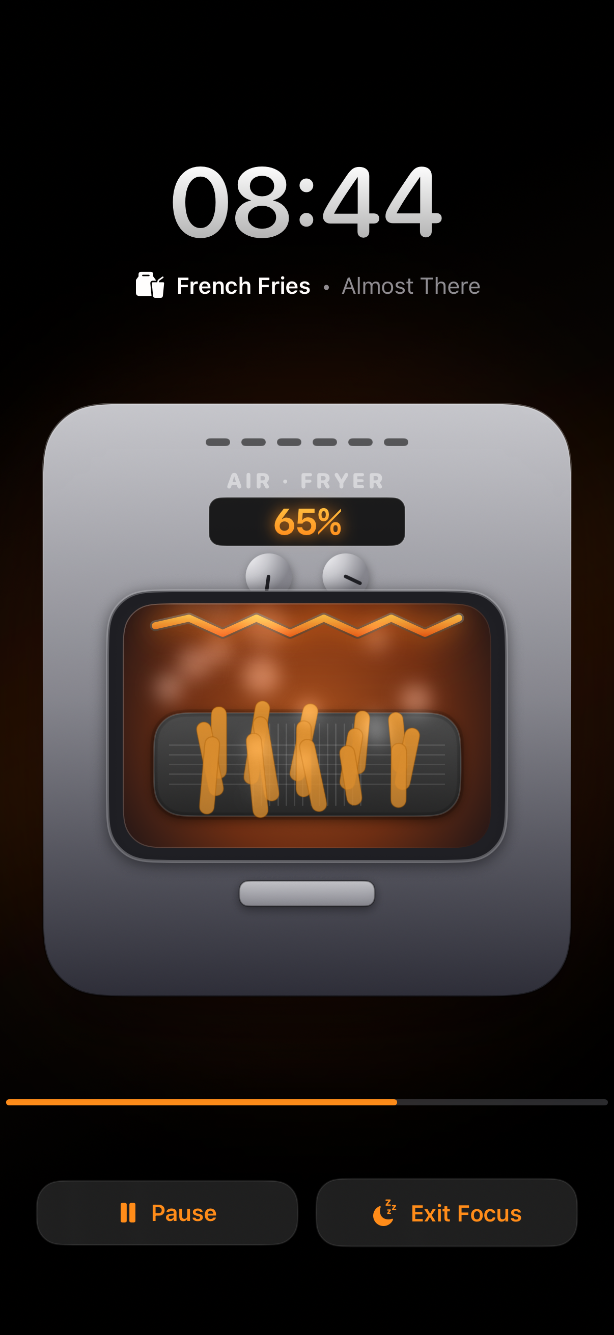 Air Fryer Timer on iPhone showing golden fries cooking at 65 percent, 8:44 remaining