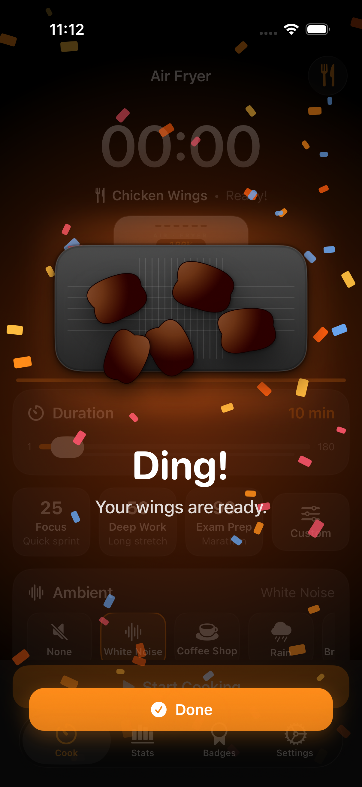 Completion celebration with confetti and finished food