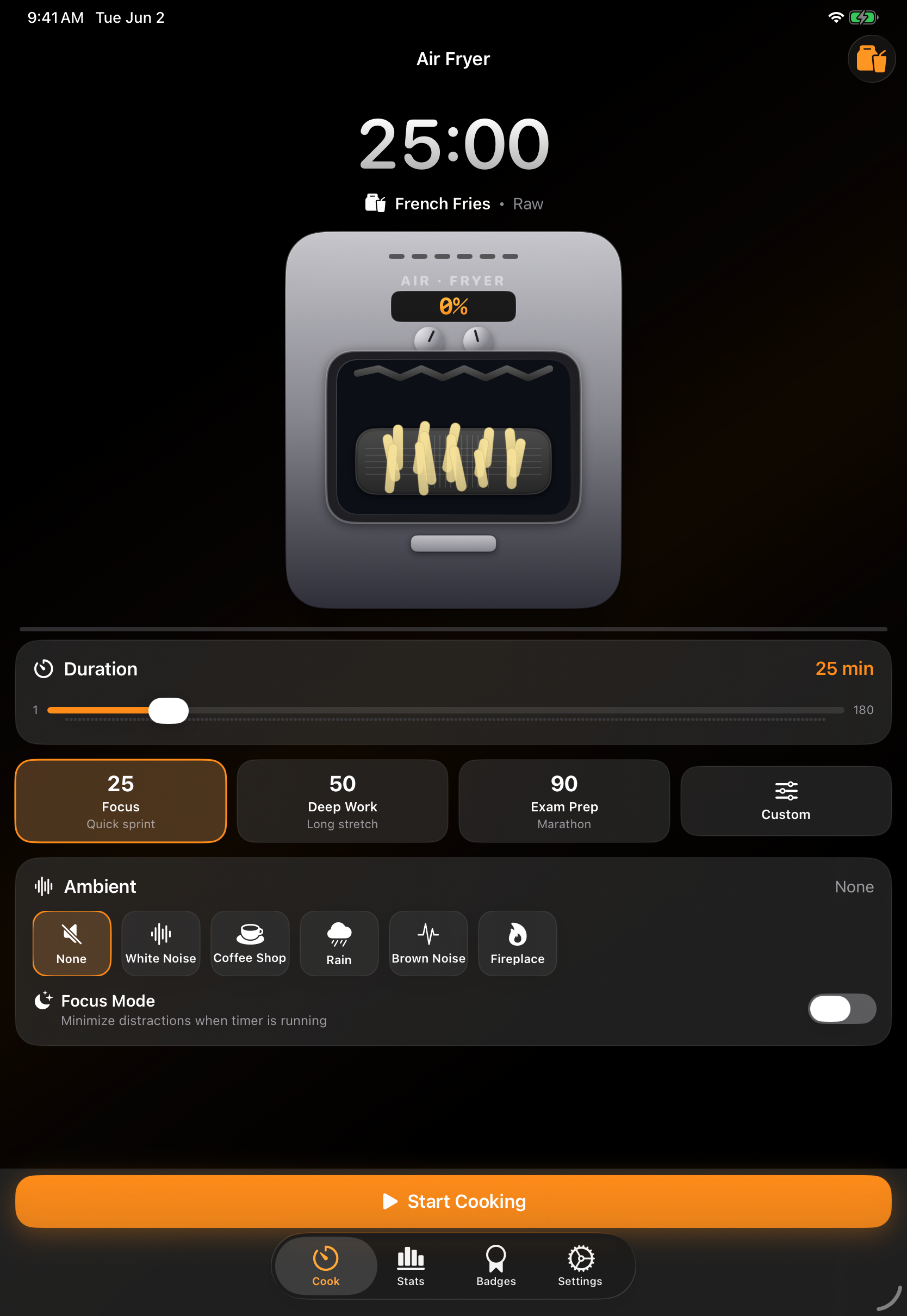 Air Fryer Timer on iPad with the same bottom tab bar