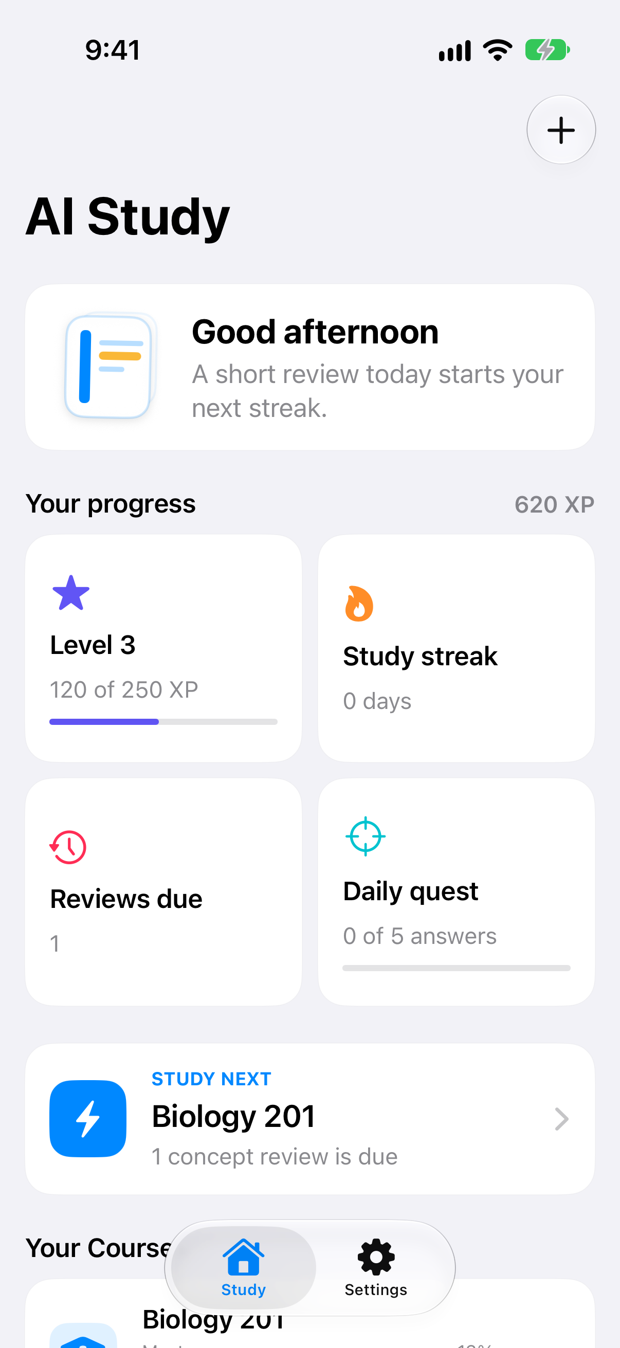 Home dashboard with due review, XP, streak, and Biology 201