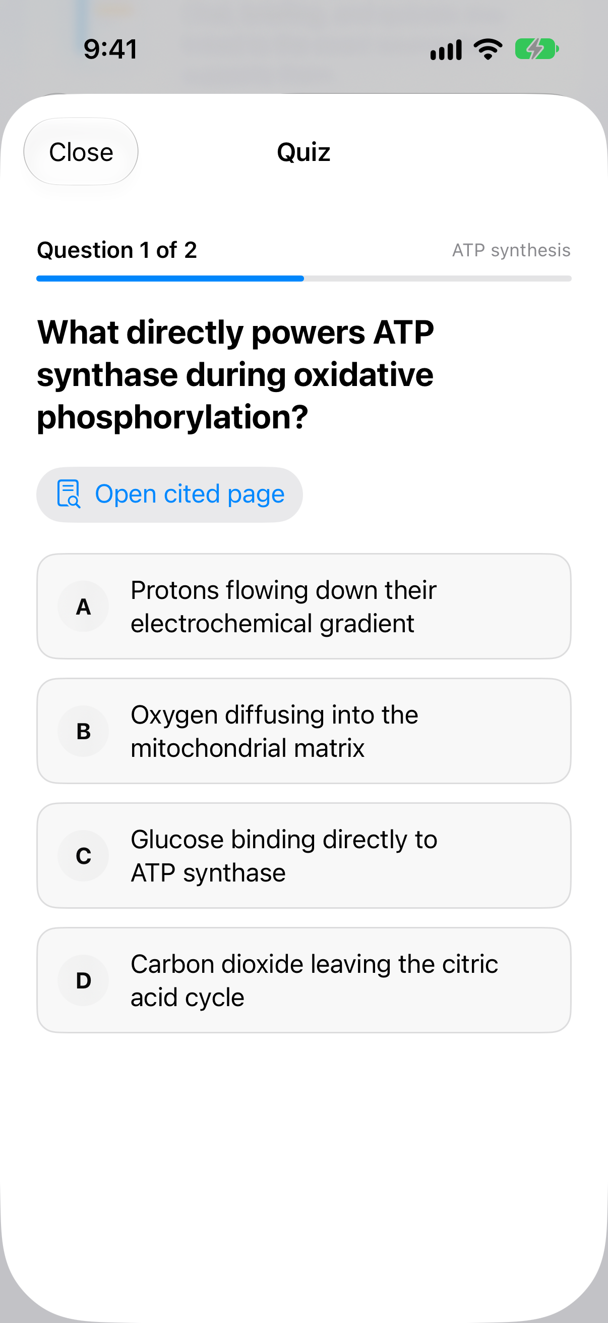 Grounded quiz question about ATP synthase with four cited answer choices