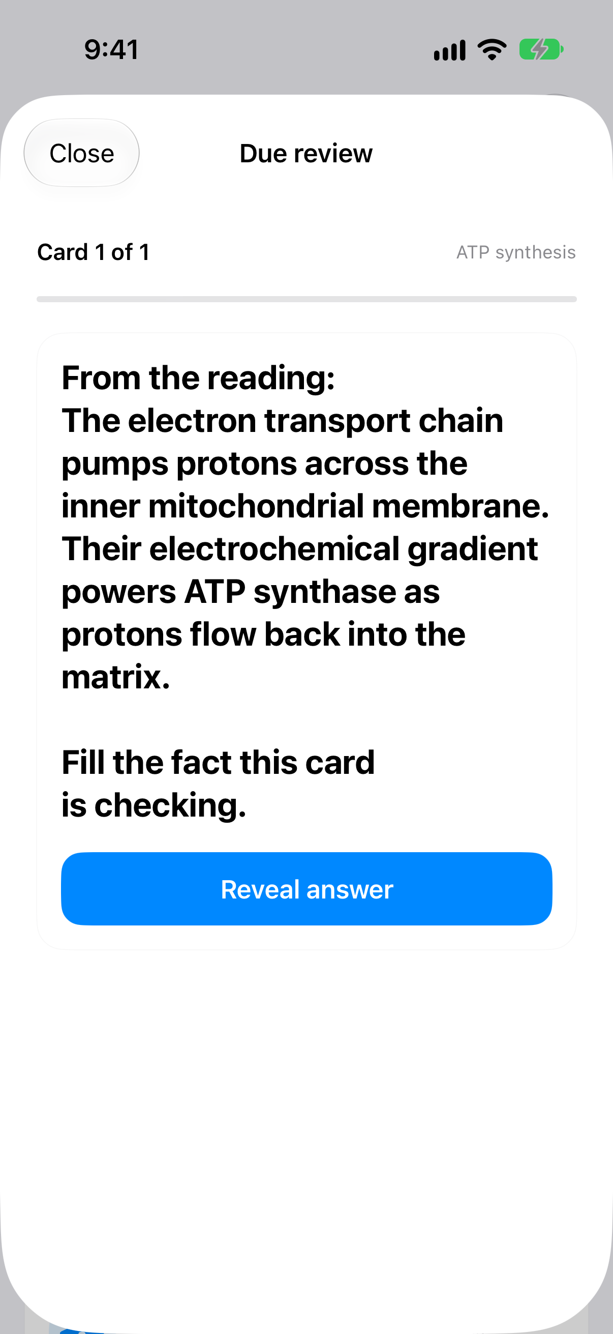 Due review flashcard citing the electron transport chain from the reading