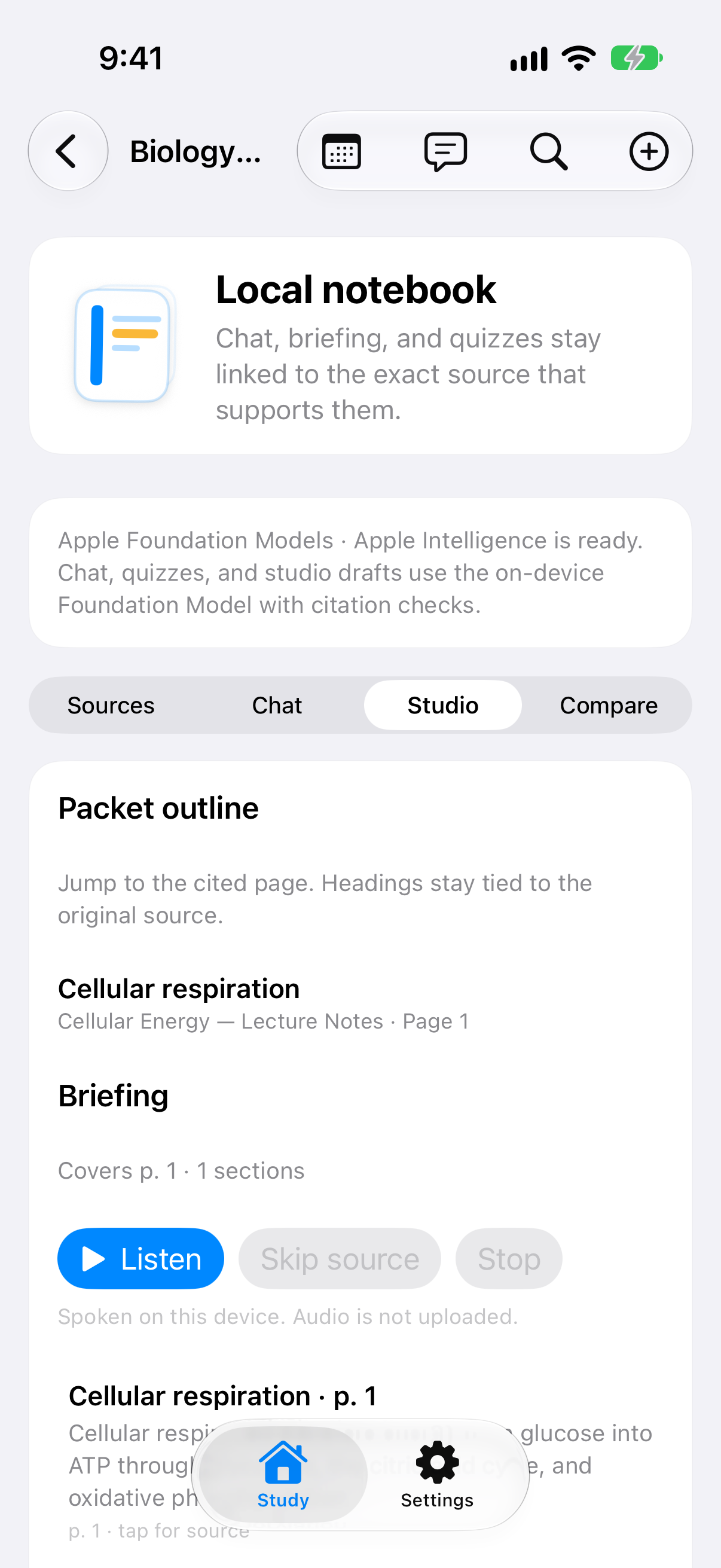 Studio pane with packet outline, briefing, and on-device listen controls