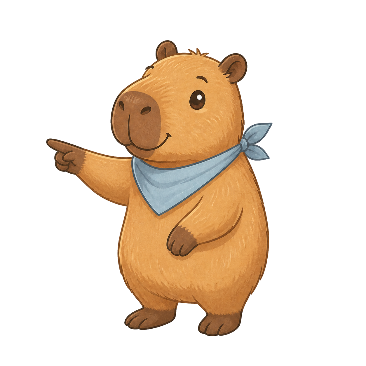 Capybara buddy pointing in a cozy room