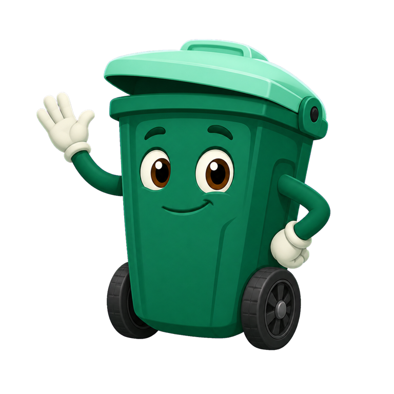 Buddy, BinBuddy’s friendly green wheeled-bin mascot, waving