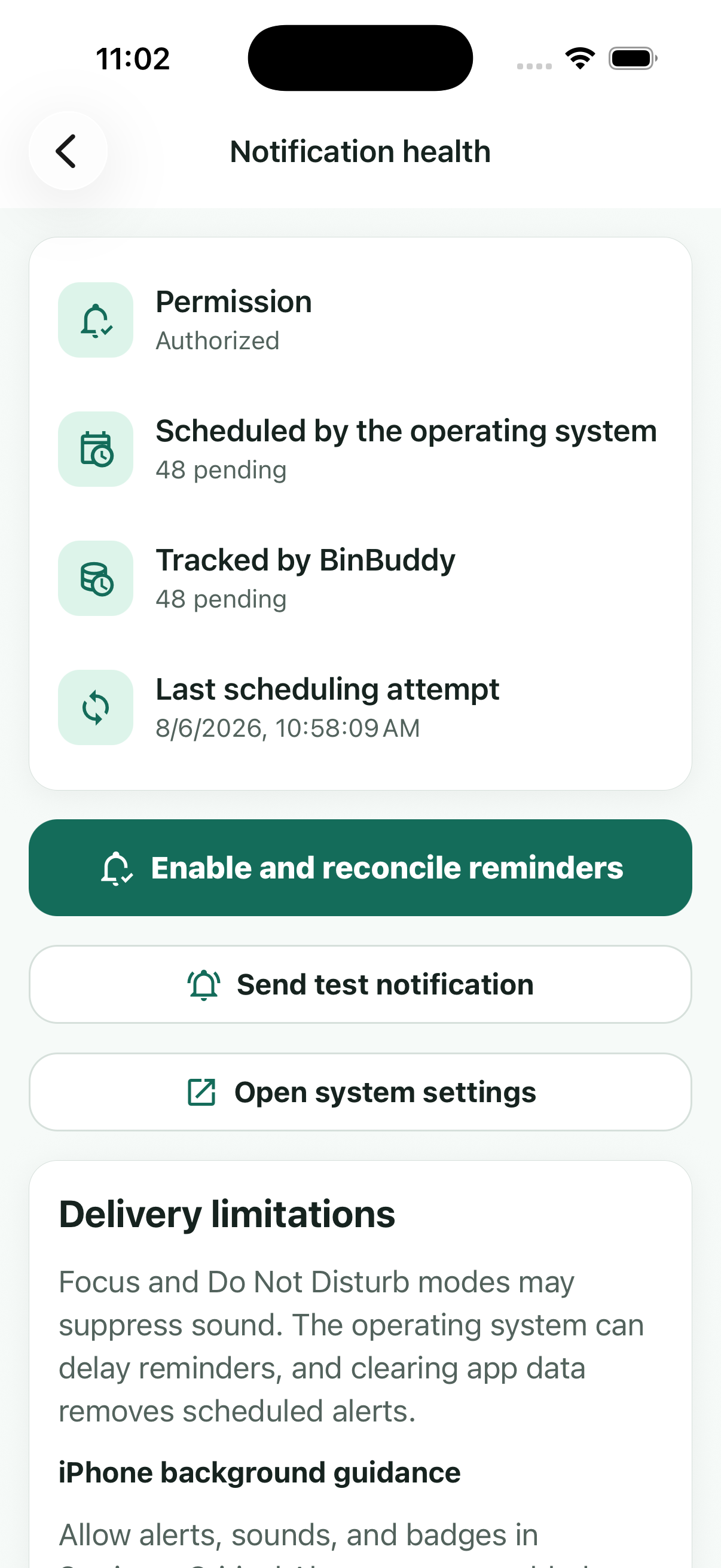 BinBuddy notification health screen