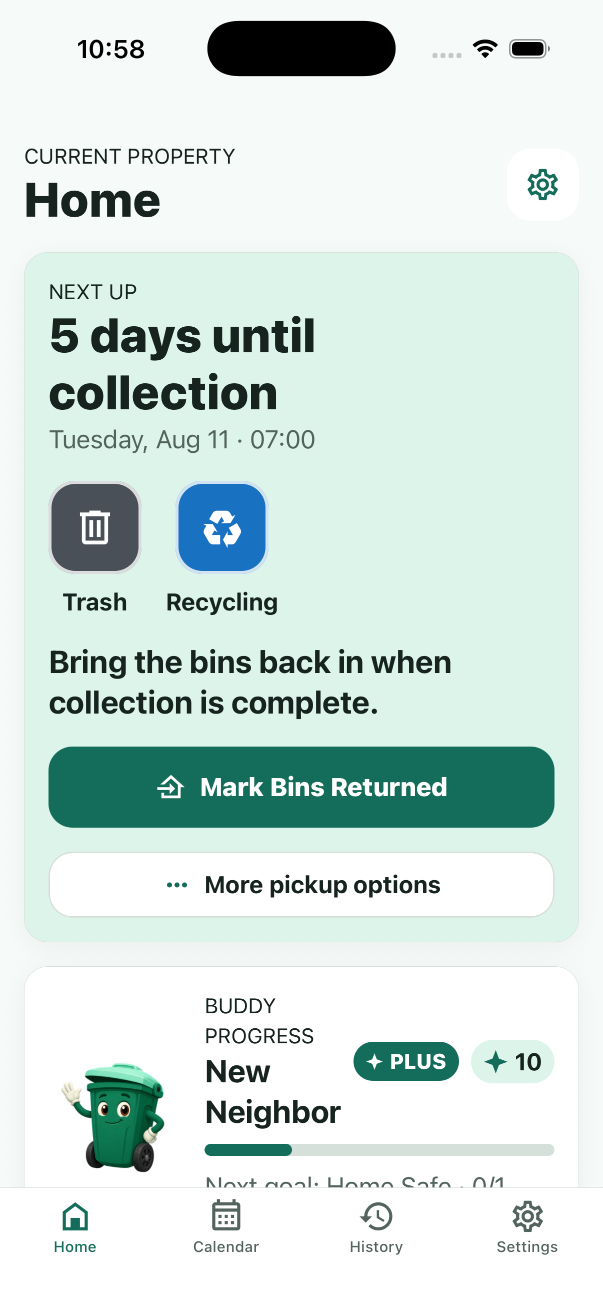 BinBuddy home screen showing the next trash and recycling collection