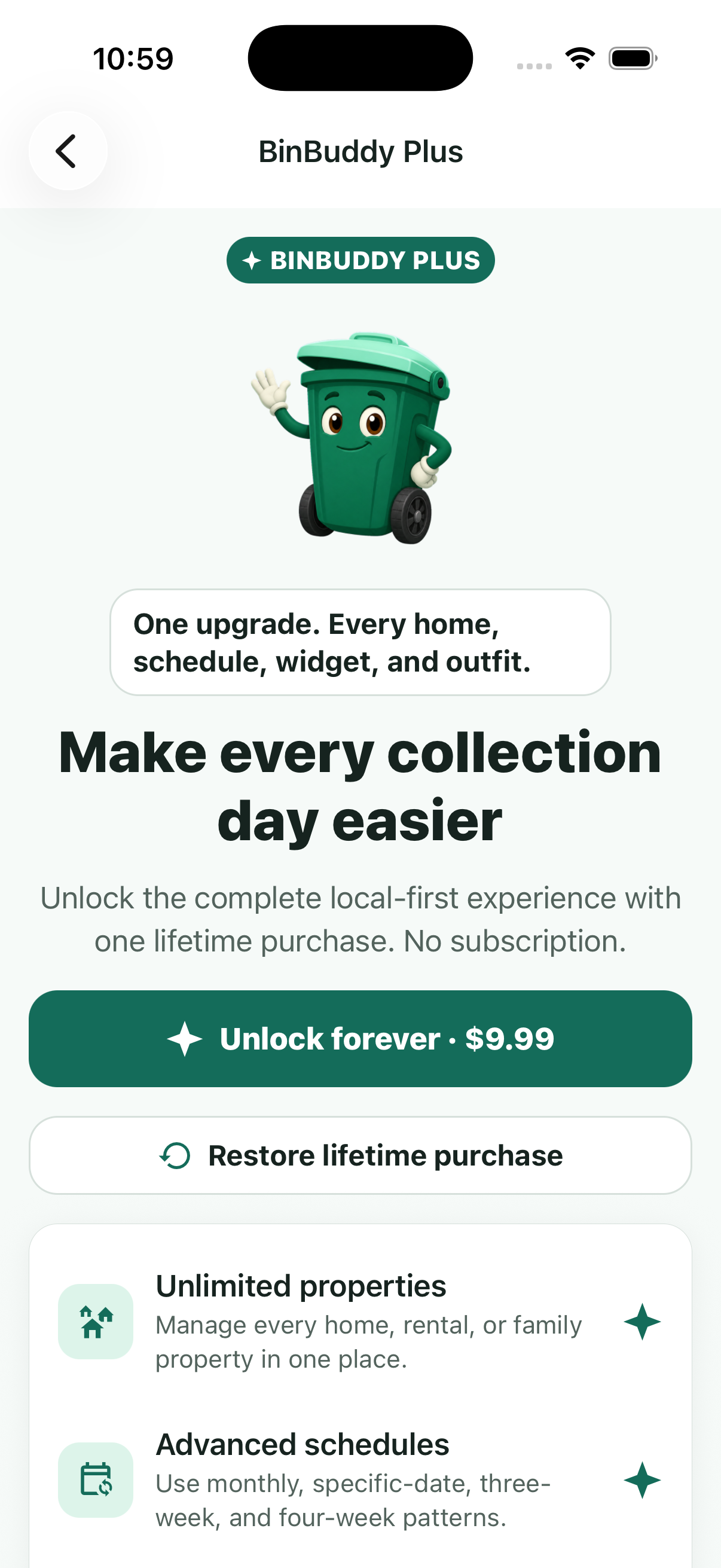 BinBuddy Plus lifetime purchase screen