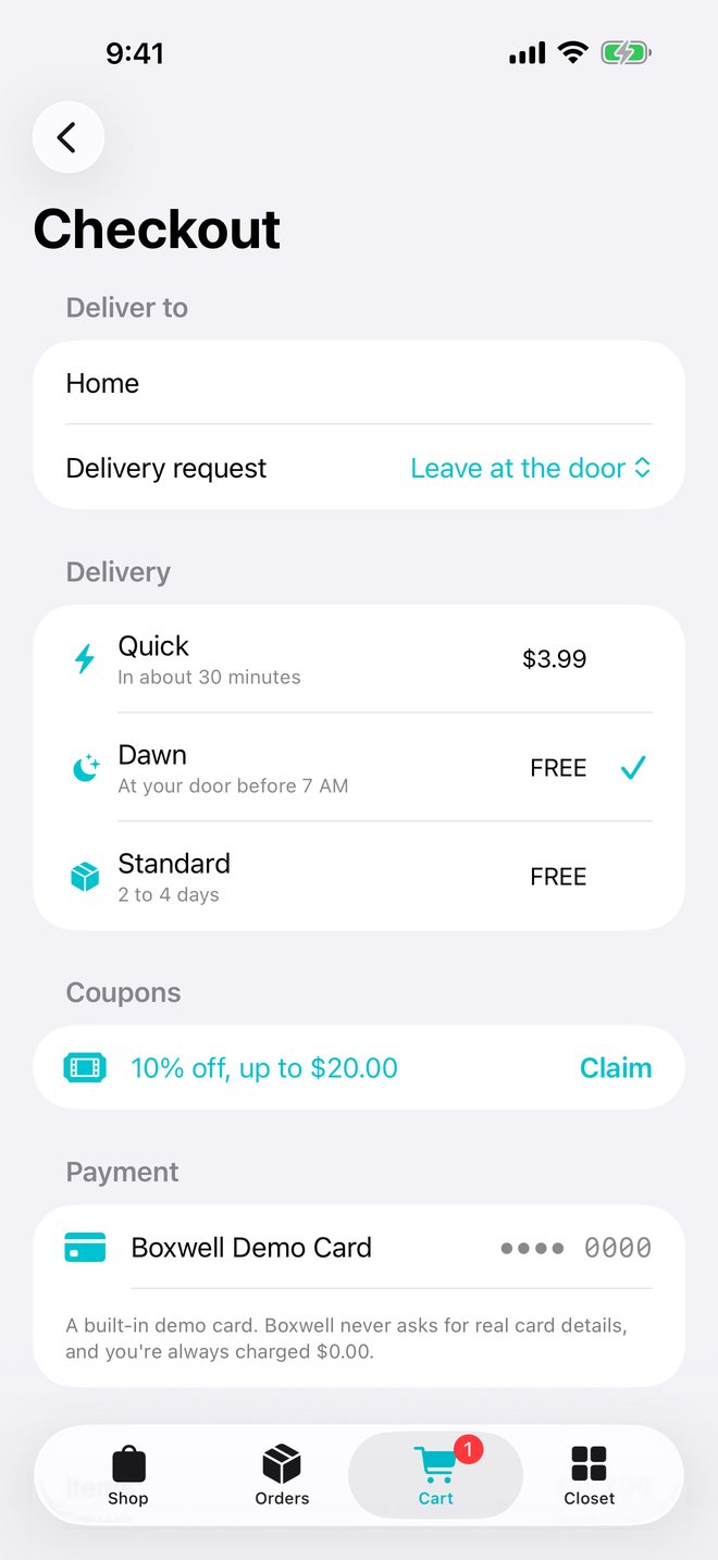 The checkout screen with delivery options, a coupon to claim and the Boxwell Demo Card.