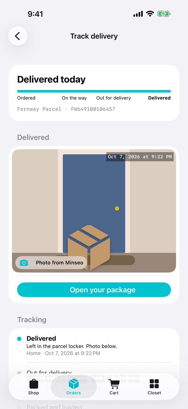 A delivered order showing a drawn photo of the package on a doormat and an Open your package button.