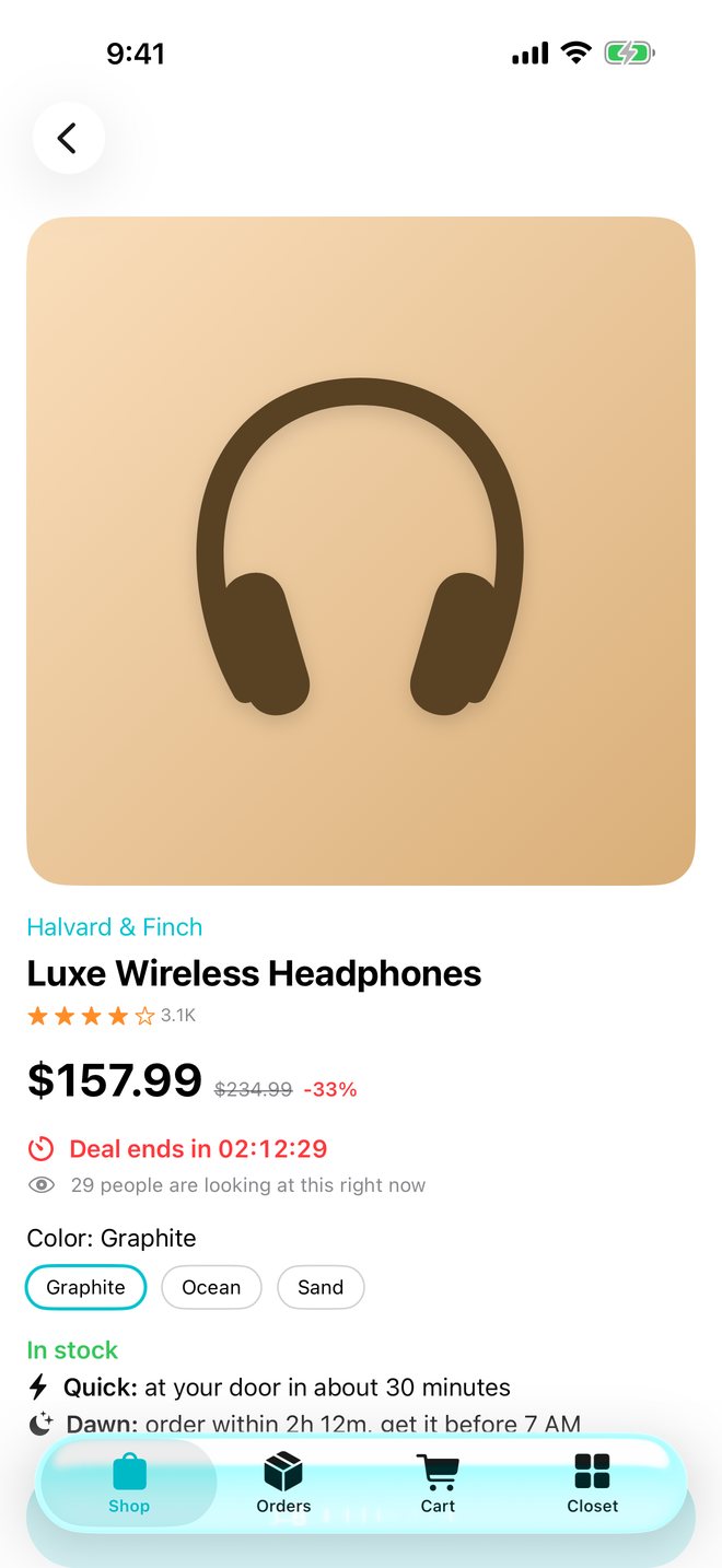 A product page for wireless headphones with a sale price, a deal countdown, color choices and stock level.