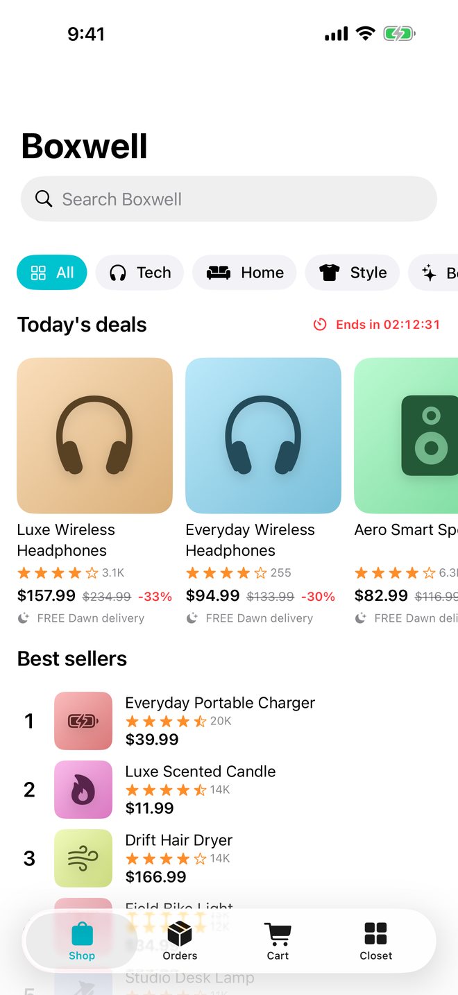 Boxwell's Shop screen with today's deals on headphones, a countdown timer, and a best-sellers list.