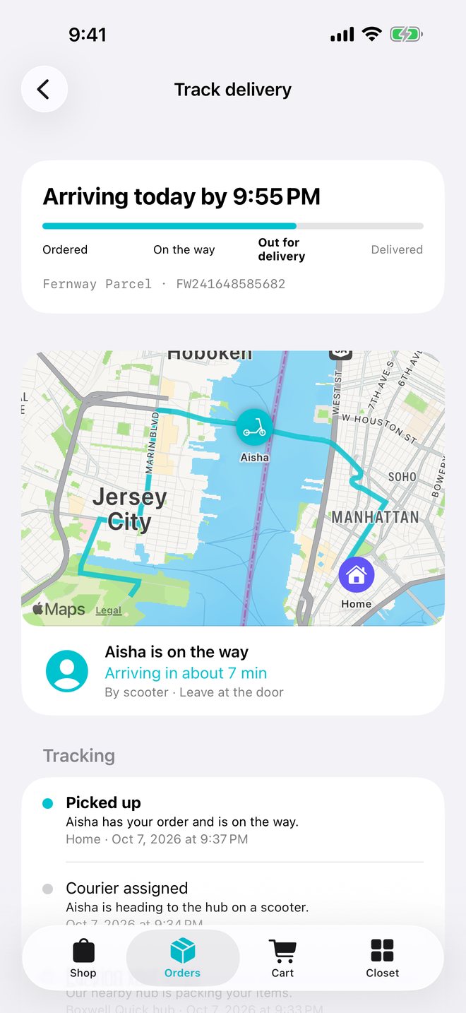 A live map showing a courier on a scooter heading toward home, arriving in about 7 minutes.