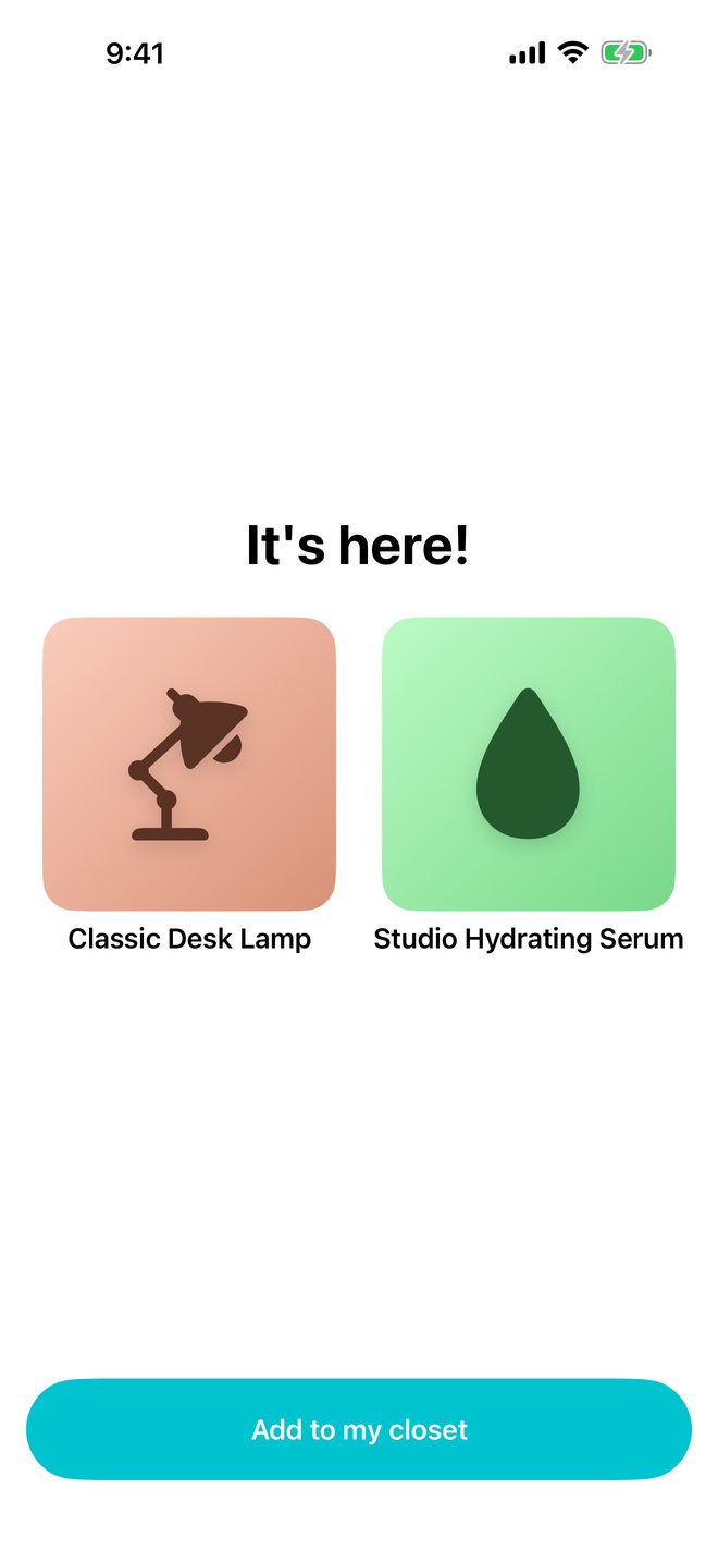 The unboxing screen saying It's here! with a desk lamp and a hydrating serum.