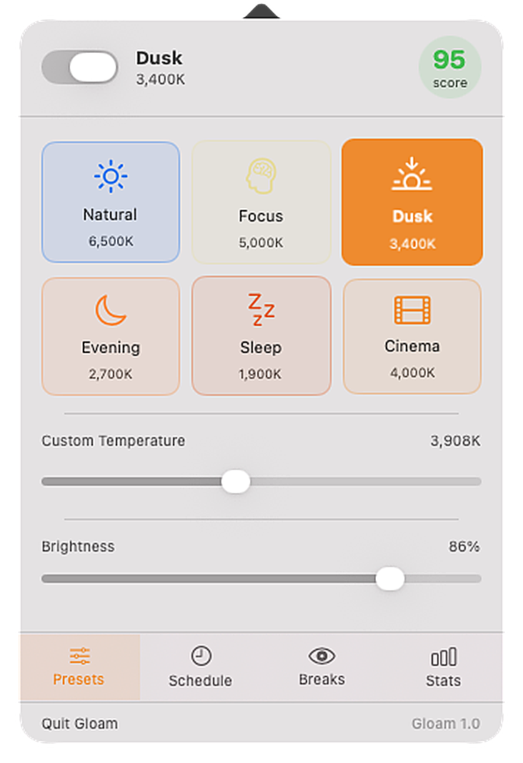 Gloam popover — live screenshot from the real app