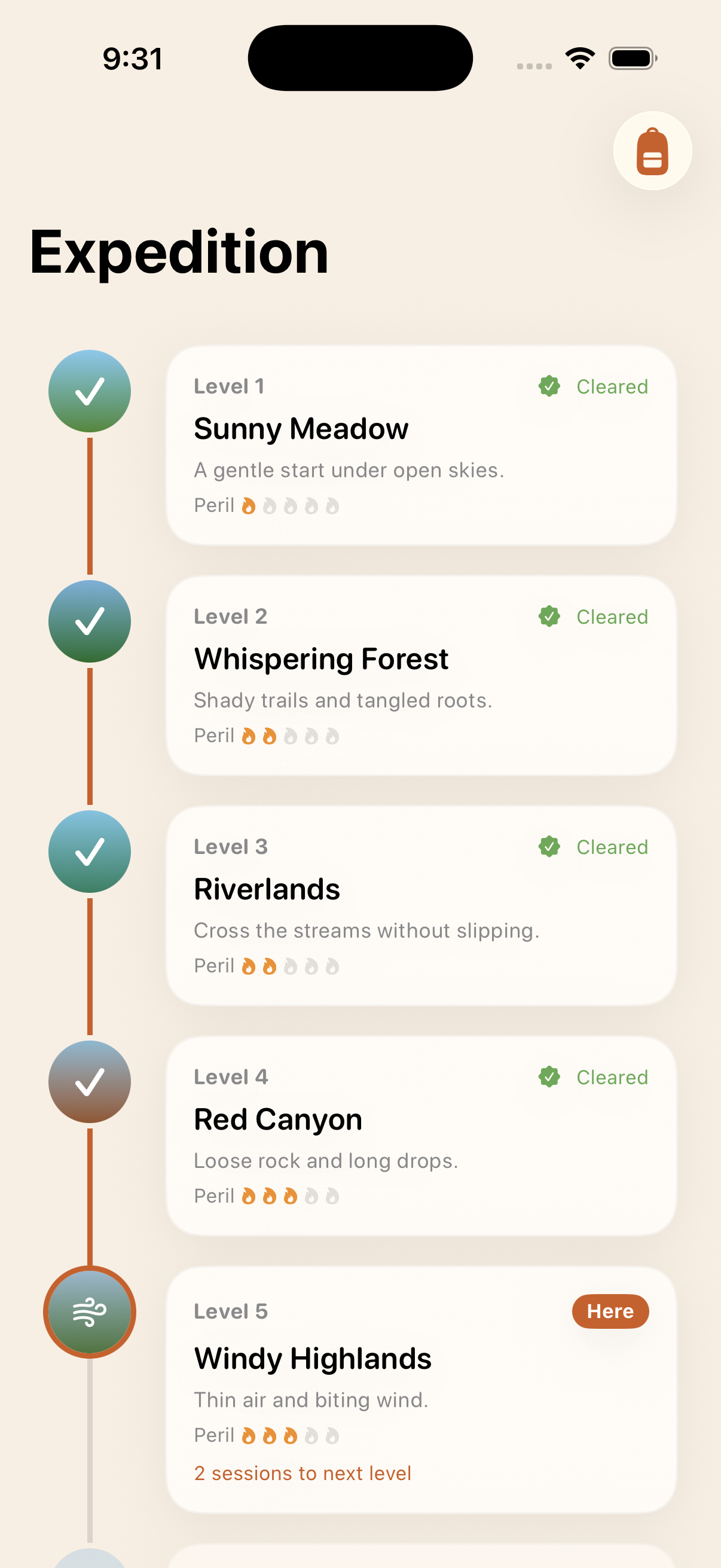 Expedition map of levels