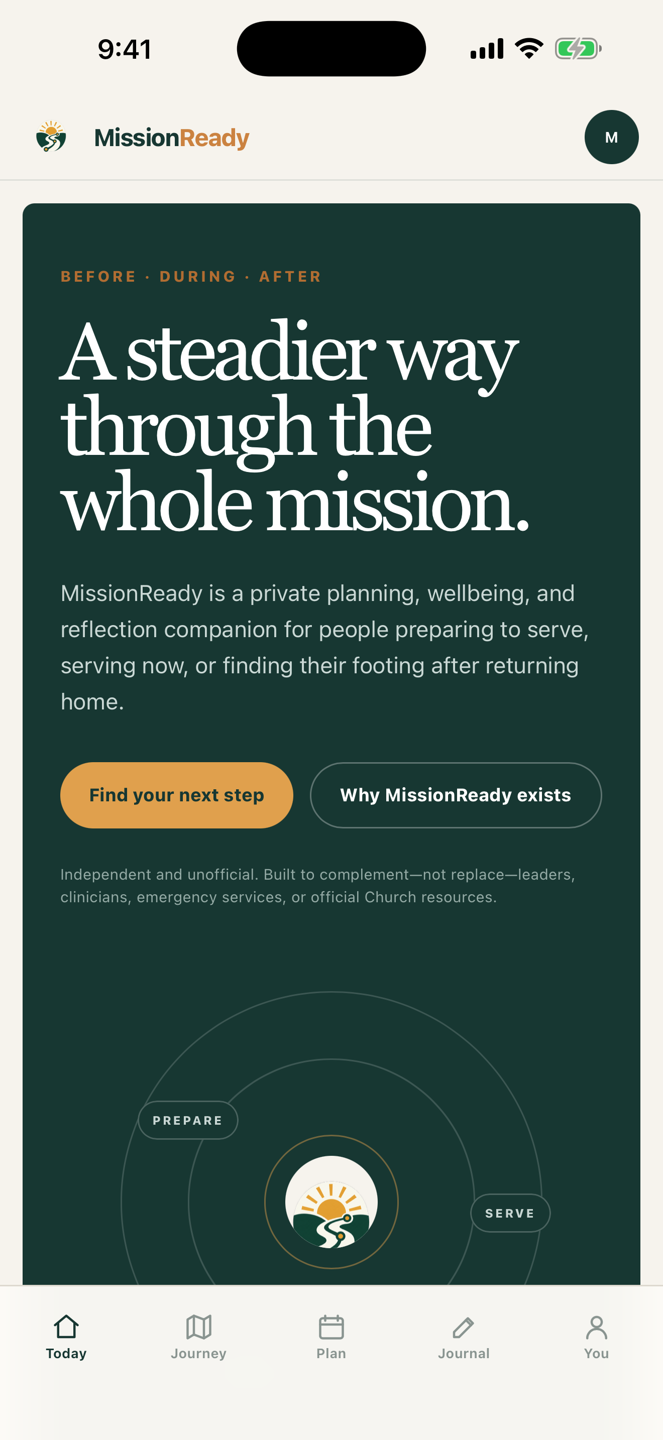 Mission Ready home screen on iPhone