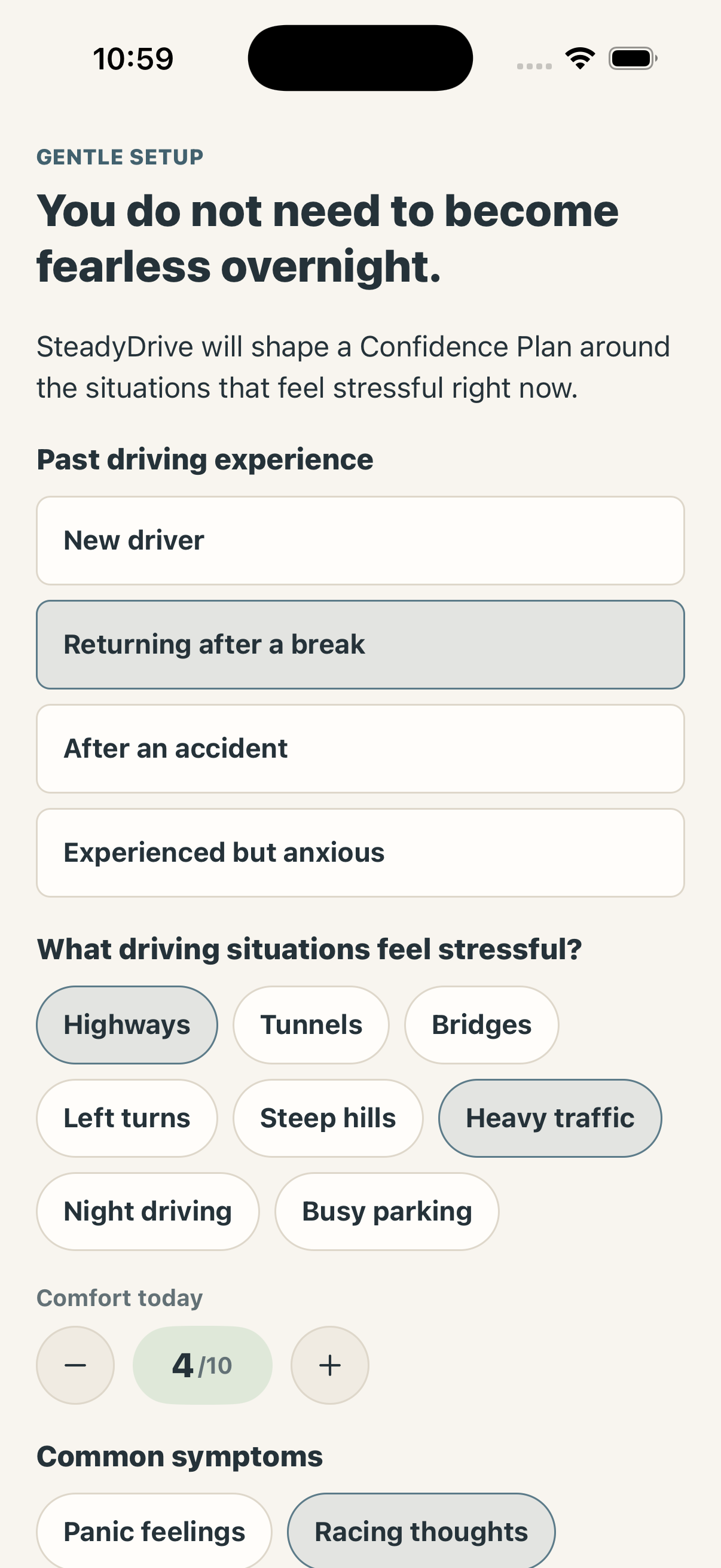Actual SteadyDrive onboarding screen running in the iPhone simulator