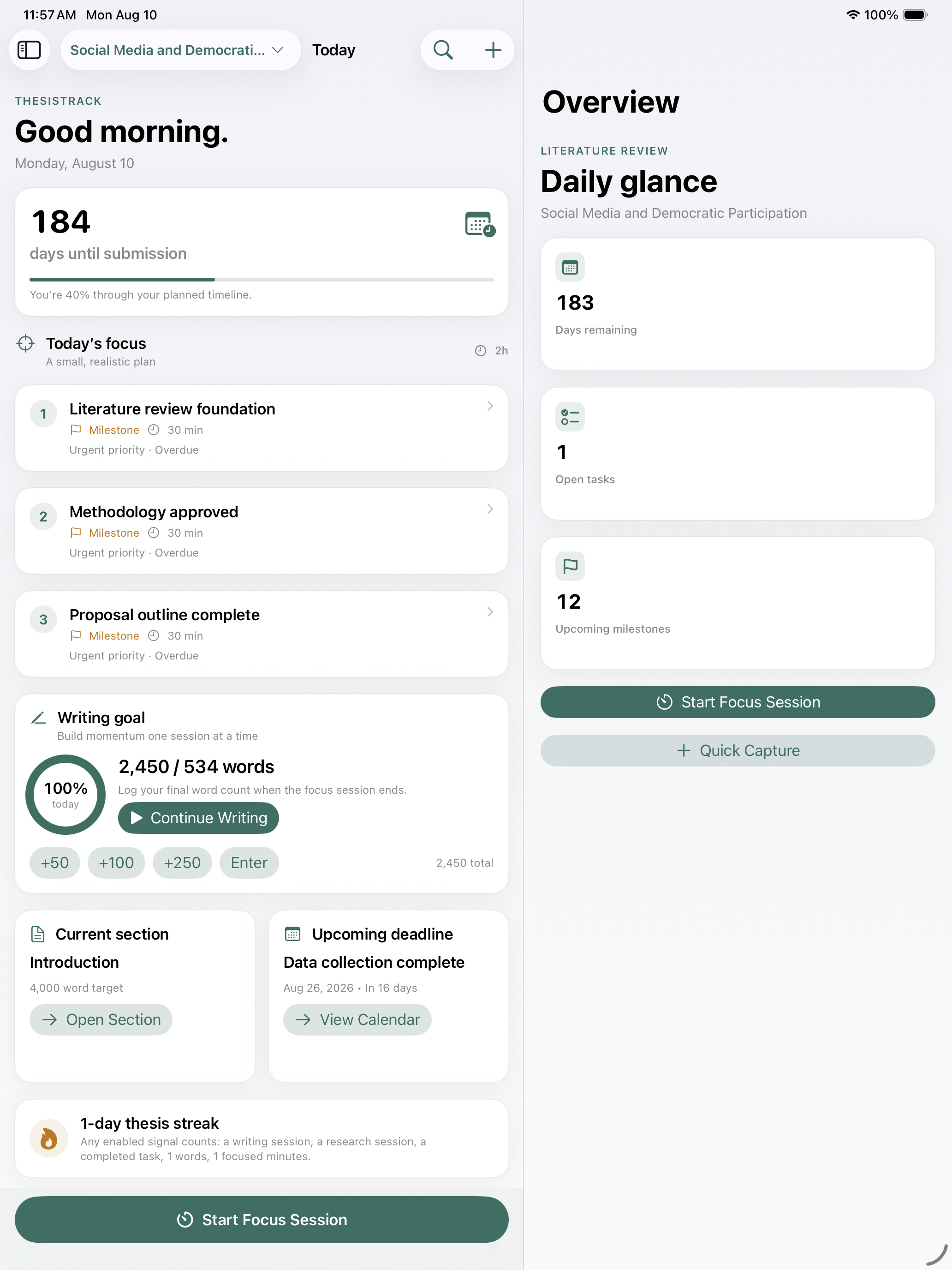 ThesisTrack Today view in a multi-column iPad layout