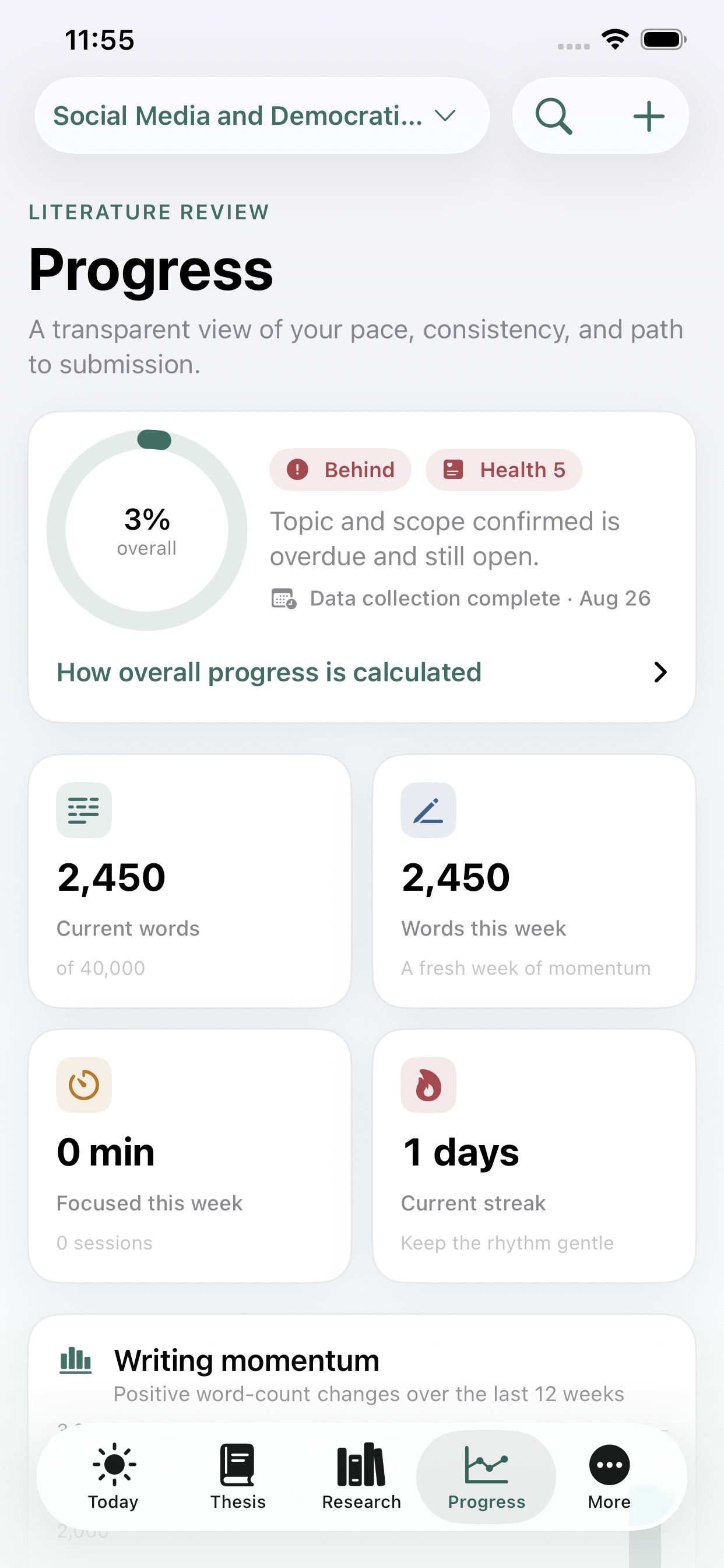 ThesisTrack progress dashboard on iPhone