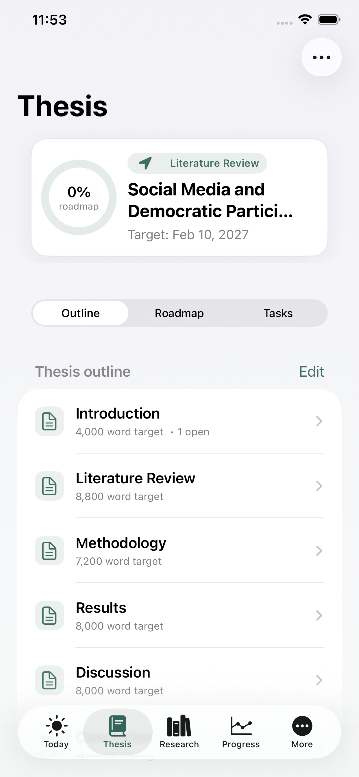 Thesis roadmap and chapter planning screen