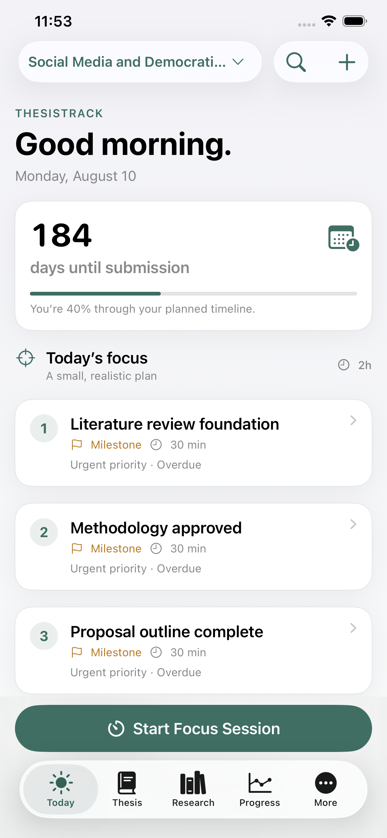 ThesisTrack Today dashboard showing progress, priorities, and next actions