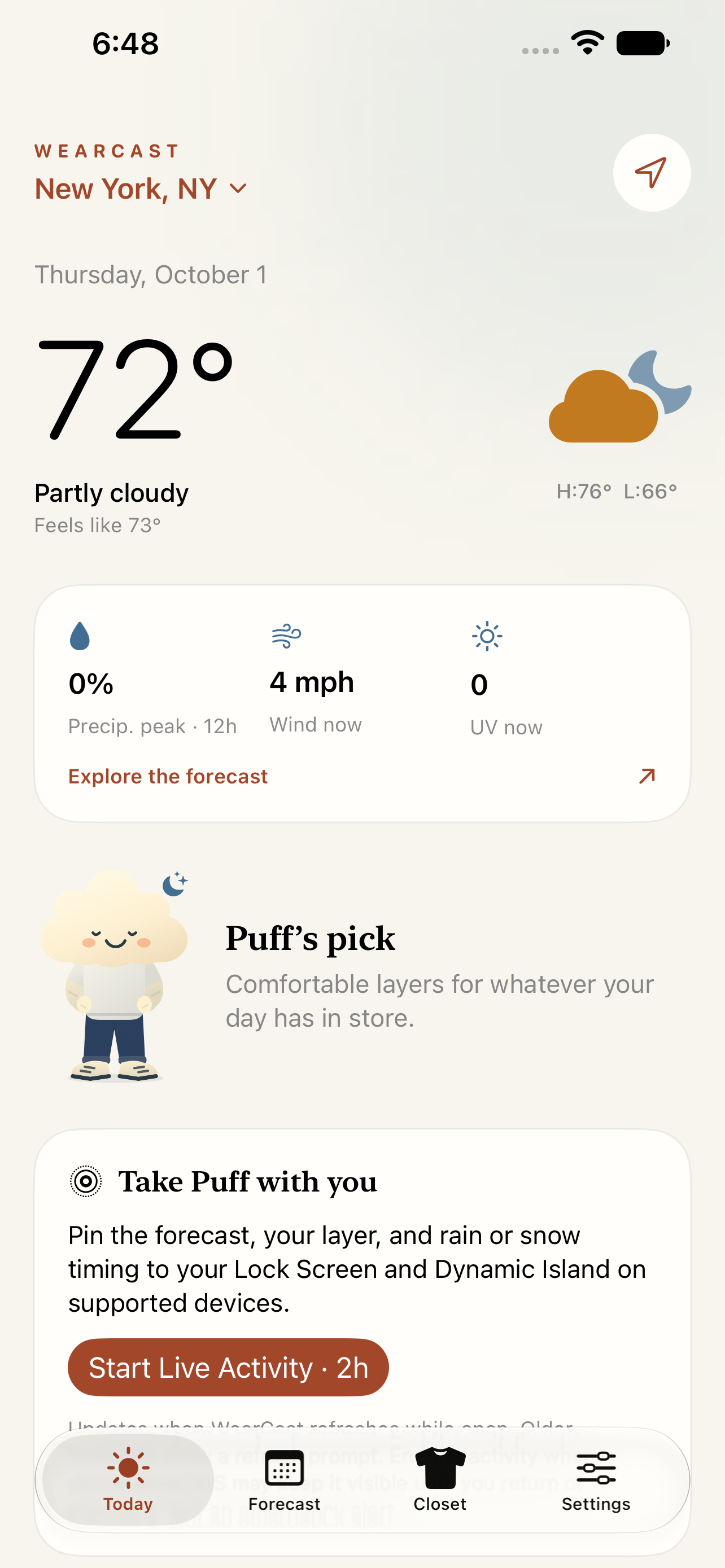WearCast app showing the New York forecast, Puff wearing a complete outfit with pants and shoes, and today's clothing recommendations.